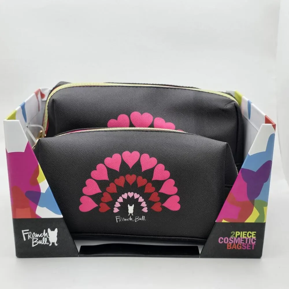 French Bull Dog‎ 2 Piece Set Cosmetic Black Pink Hearts Makeup Travel Organizer